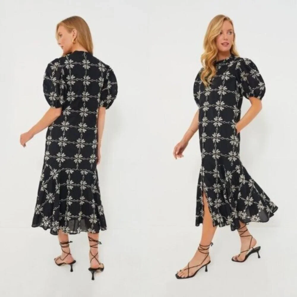 Tuckernuck NEW Black Eyelet Lewis Puff Sleeve Embroidered Maxi Dress Size M - Picture 3 of 11